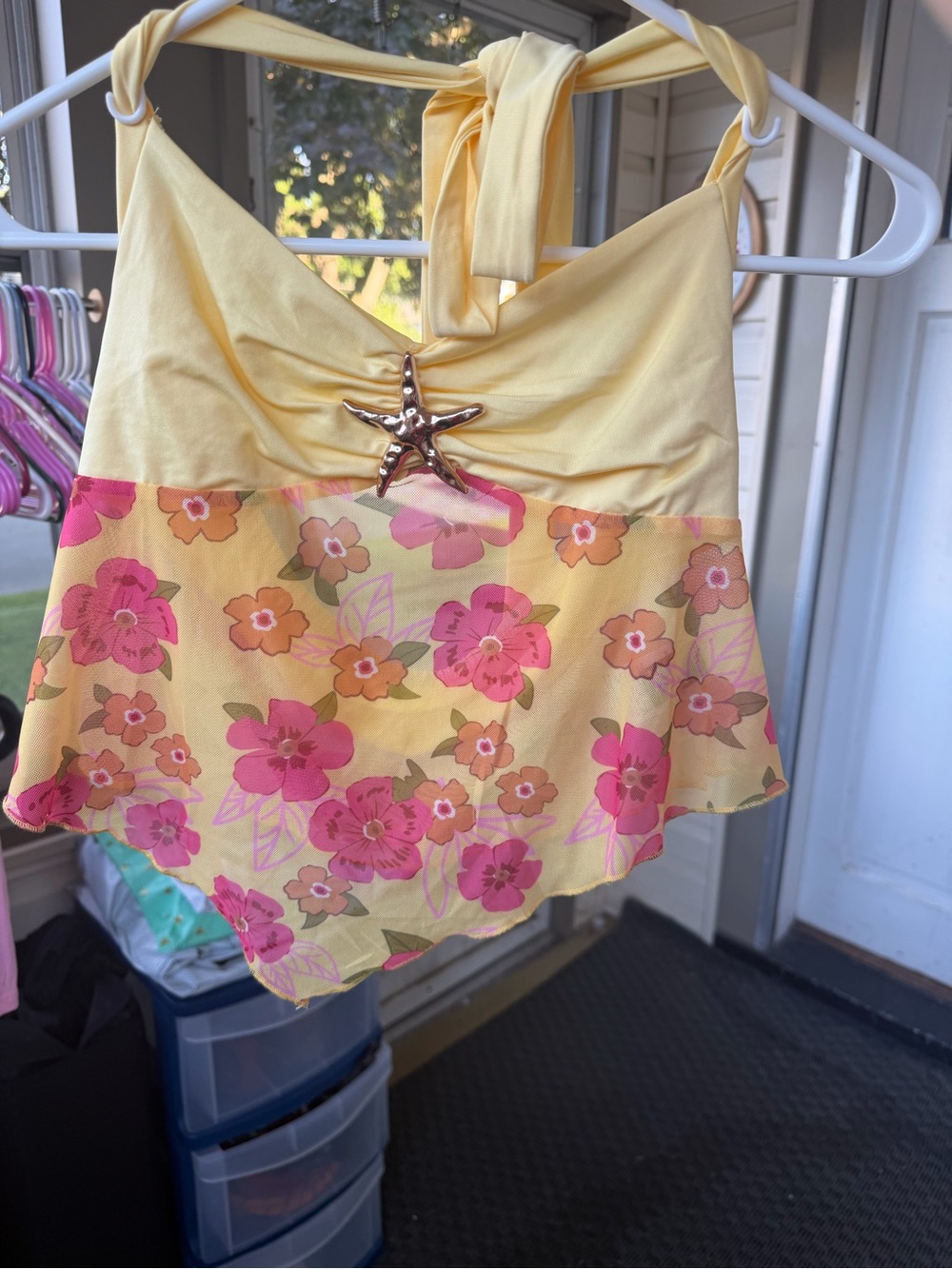 SHEIN Yellow Halter Floral Swim Top with Pink Flower Print